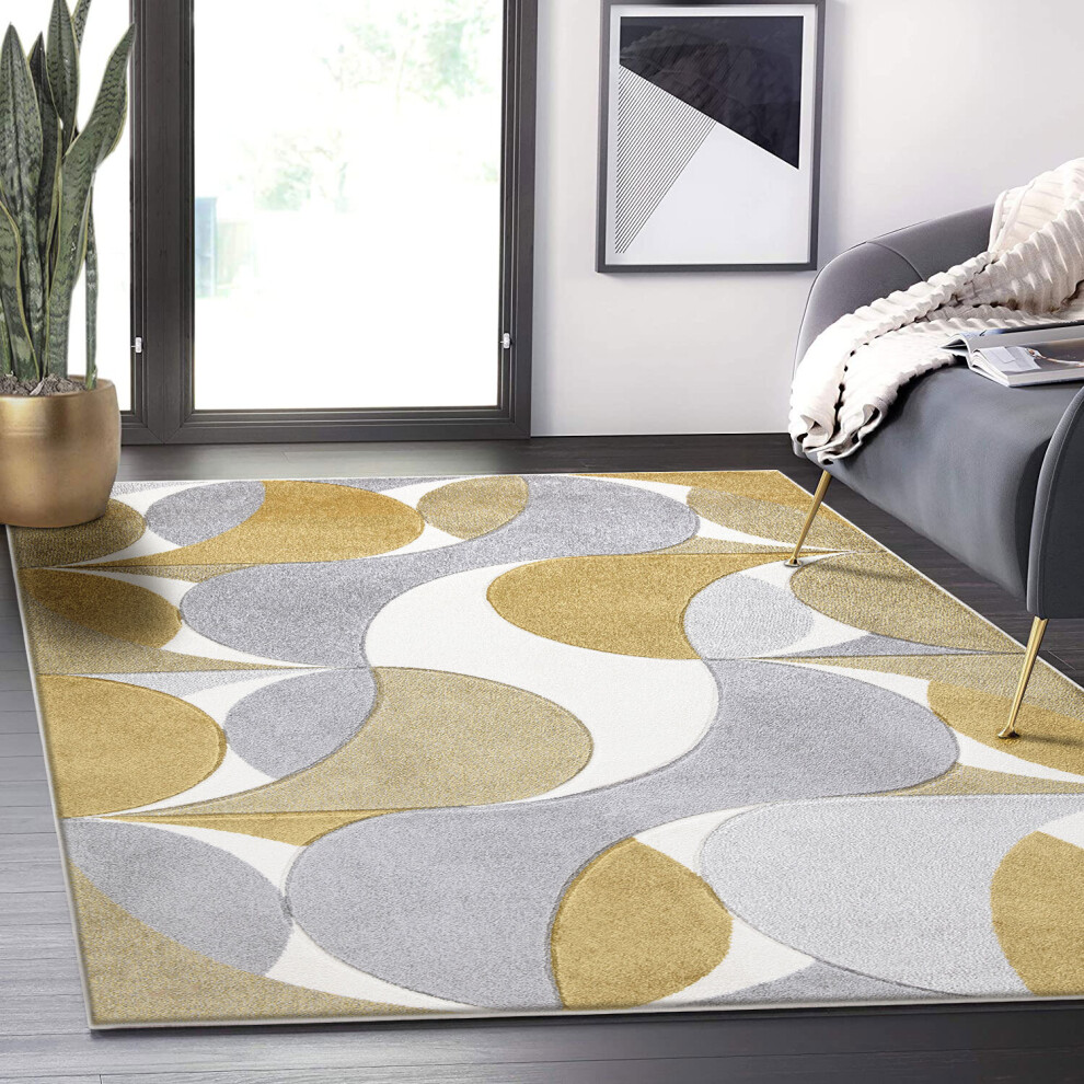 (KENZO- OCHRA, 160 X 230 CM) LIVING ROOMS RUGS LARGE ABSTRACT GEOMATRIC DESIGN HIGH QUALITY ANTI SLIP CARPETS