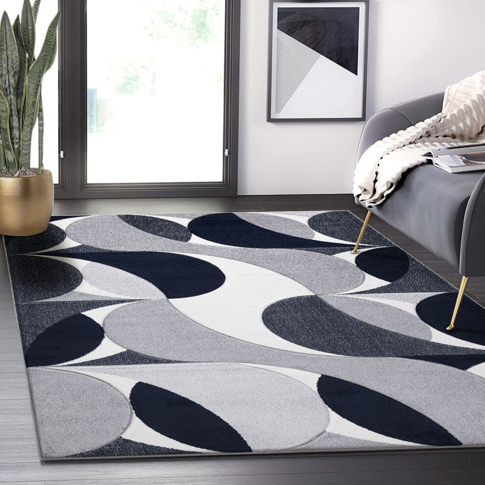(KENZO- NAVY, 160 X 230 CM) LIVING ROOMS RUGS LARGE ABSTRACT GEOMATRIC DESIGN HIGH QUALITY ANTI SLIP CARPETS