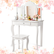 Kids Vanity Table & Stool Set Toddler Princess Dresser W/ Mirror