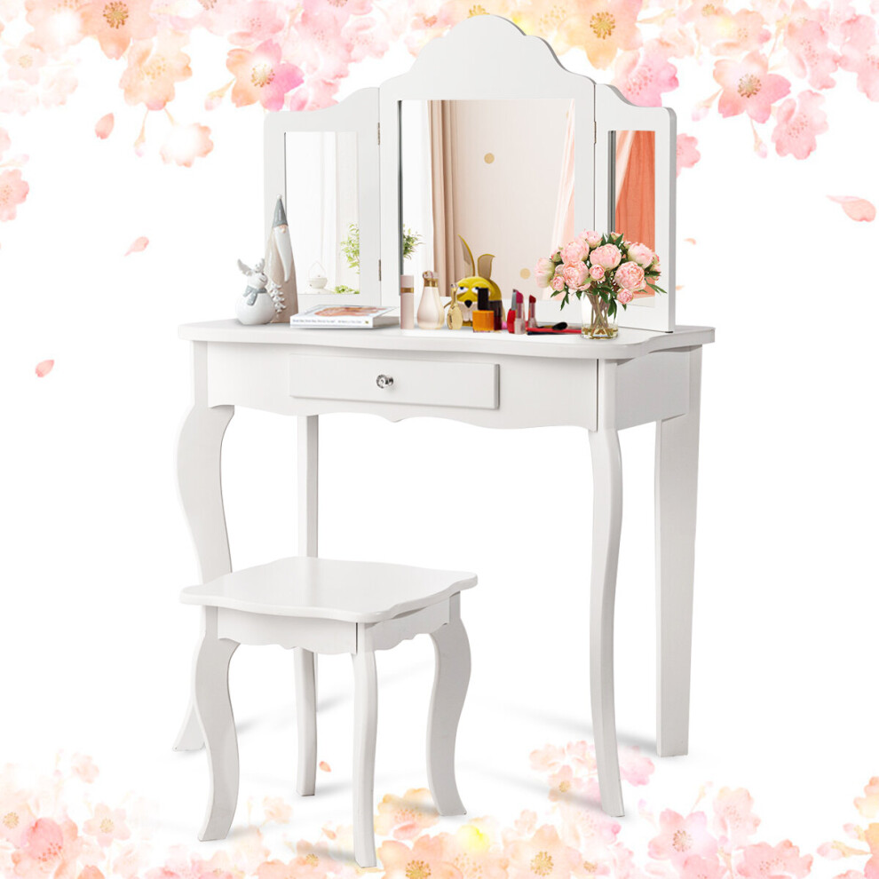 Kids Vanity Table & Stool Set Toddler Princess Dresser W/ Mirror