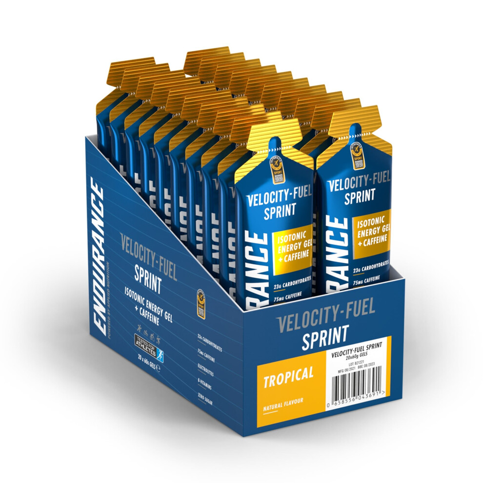 (Tropical) Endurance Velocity Fuel Sprint - Sports Nutrition Energy Gel with Caffeine - Pack of 20 x 60g