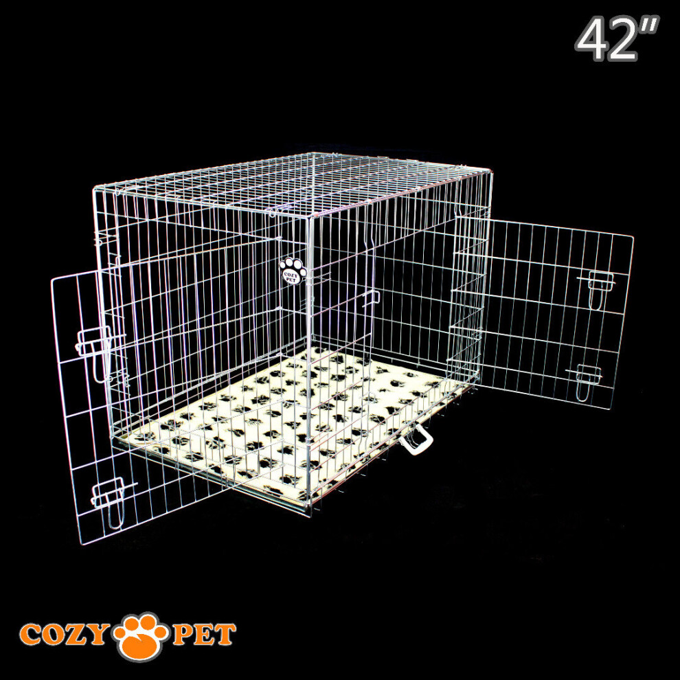Cozy Pet Dog Cage 42 In Puppy Crate With Vet Bed Folding Metal Silver