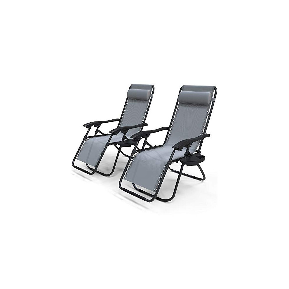 VOUNOT Zero Gravity Chair, Set of 2, Folding Sun Loungers, Recliner Garden Chairs, Outdoor Deck Chairs with Cup and Phone Holder, Grey