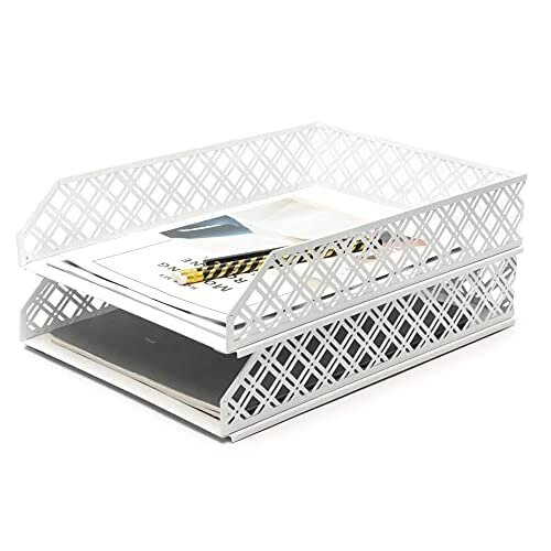 Exerz Letter Trays 2pcs Stackable Paper Sorter/ Desk Organiser/ File Tray for Desk - Wire Mesh Metal File Rack - Office, School, Home Study (Whit