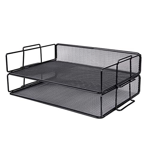 Exerz Letter Trays 2pcs Stackable Paper Sorter/ Desk Organiser/ File Tray for Desk - Wire Mesh Metal File Rack - Office, School, Home Study - EX6