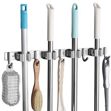 SHYOSUCCE Broom Mop Holder, Stainless Steel Broom Storage with 4 Racks and 5 Hooks, Wall Mounted Organizer for Kitchen, Bathroom, Garage and Gard