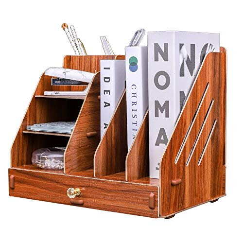EXERZ Desktop Organiser with Drawer Wooden Paper Sorter - Assembly Easily- 3 Layers File Storage, Holds A4 Paper Document, Letter Filler and Rack