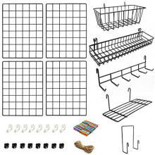 Paquet de 4 panneaux de grille murale en fil mtallique avec accessoires | Comprend des paniers suspendus, une tagre de tri de lettres et un su