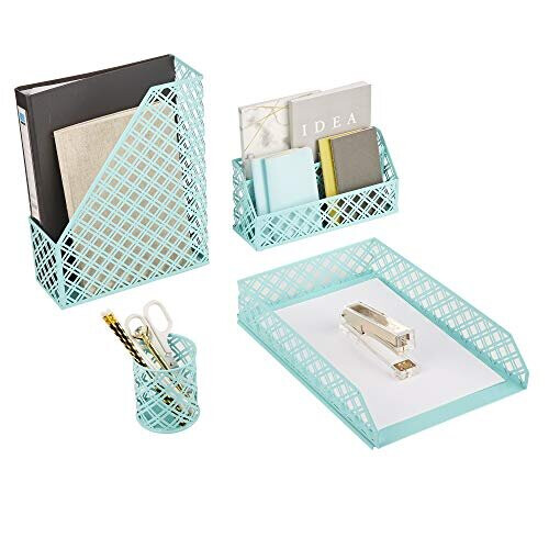 Exerz Desk Organiser 4 Pieces/ Office Set/ Desktop Metal Mesh Filing Including: A4 Letter Tray x 1, A4 Magazine Rack/ Upright Document Holder x 1
