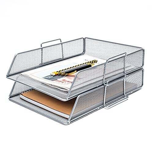Exerz Letter Trays 2pcs Stackable Paper Sorter/Desk Organiser/File Tray for Desk - Wire Mesh Metal File Rack - Office, School, Home Study (EX6357