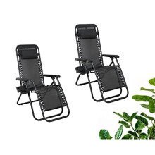 Aspect Set of Two Zero Gravity Reclining Sun Loungers In Black | Garden Patio Foldable Reclining Chairs With Heavy Duty Tray Holding (Black)