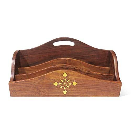 Large Polished Wood Letter Rack with Brass Inlay 1