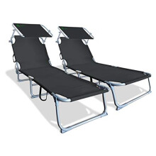 VOUNOT Folding Sun Loungers Set of 2, Sunbed with Adjustable Backrest & Sunshade for Garden, Beach, Patio, Pool, Camp, Load 110 kg, Black