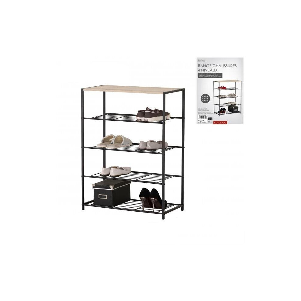 Wood and Black Metal Shoes Shelf 4 Tier