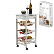Wood Kitchen Trolley on Wheels Storage Drawer With 3 Metal Baskets White
