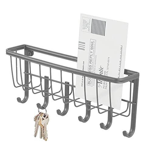 mDesign Wall Organiser Letter Tray and Key Rack with 6 Hooks for ...