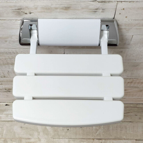 NES Home Kayson 350mm Foldable White Wall Mounted Shower Seat Mobility Aid Chrome Mount 1