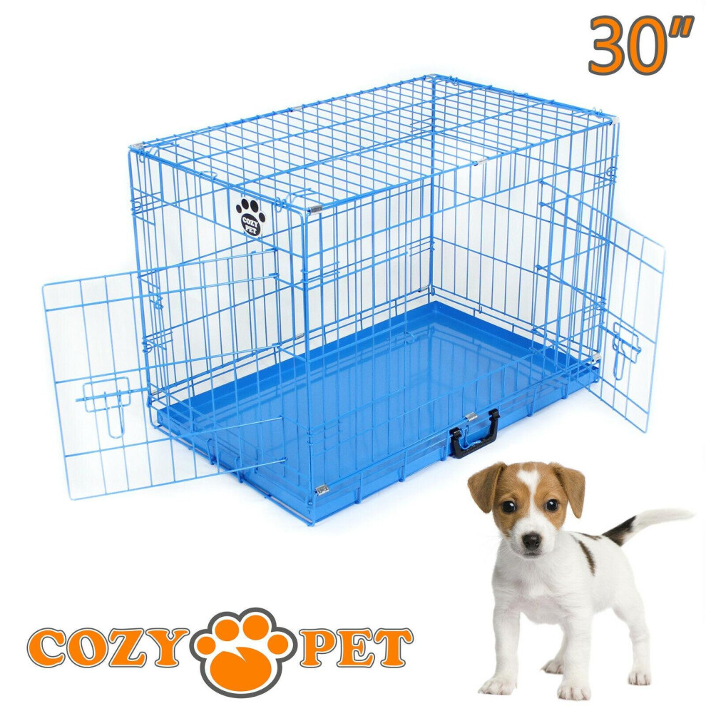Dog Cage 30 in Blue Puppy Crate Cozy Pet Crates Folding Metal Travel Cages