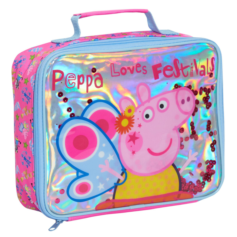 (One Size) Luxury Peppa Pig Lunch Bag Girls Pink School Nursery Sequin Insulated Lunchbag