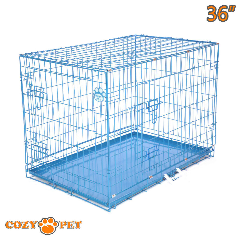 Dog Cage 36 in Blue Puppy Crate Cozy Pet Dog Crates Folding Metal Travel Cages