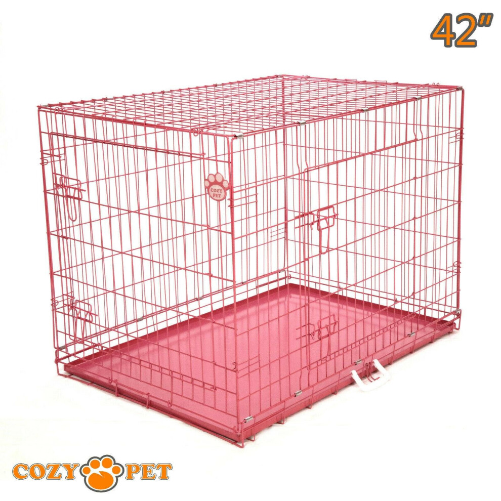 Dog Cage Pink 42 inch Puppy Crate XL Cozy Pet Folding Metal Cage DC42P