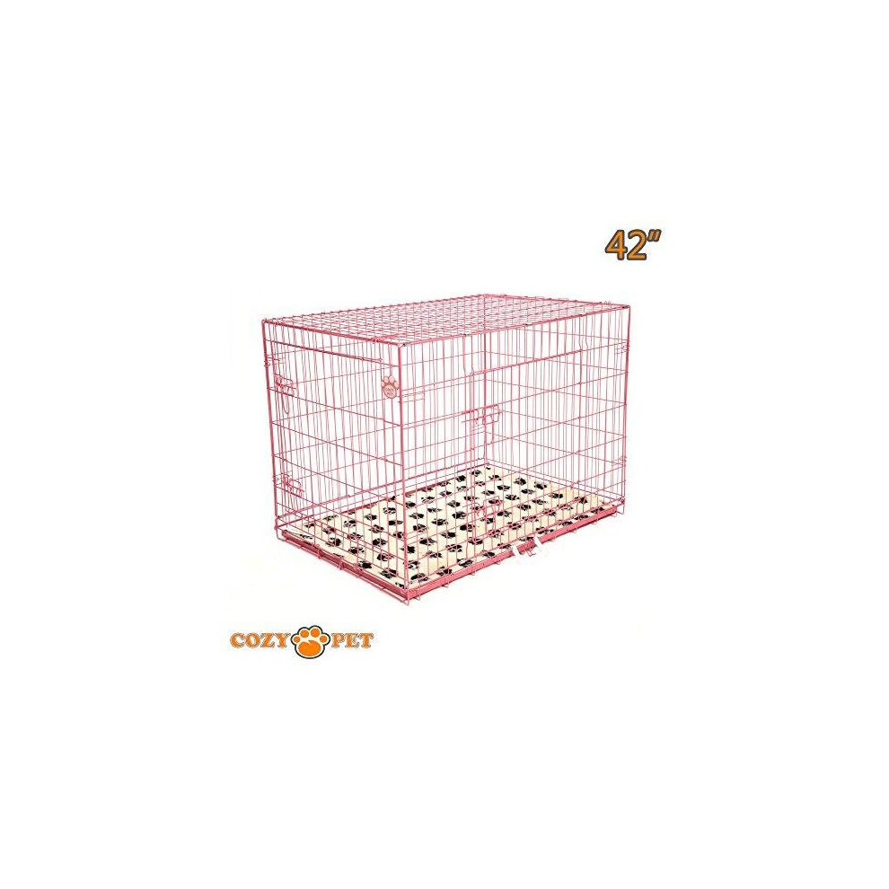 Dog Cage 42 inch Pink Puppy Crate with Vet Bed Cozy Pet Crates Folding Metal