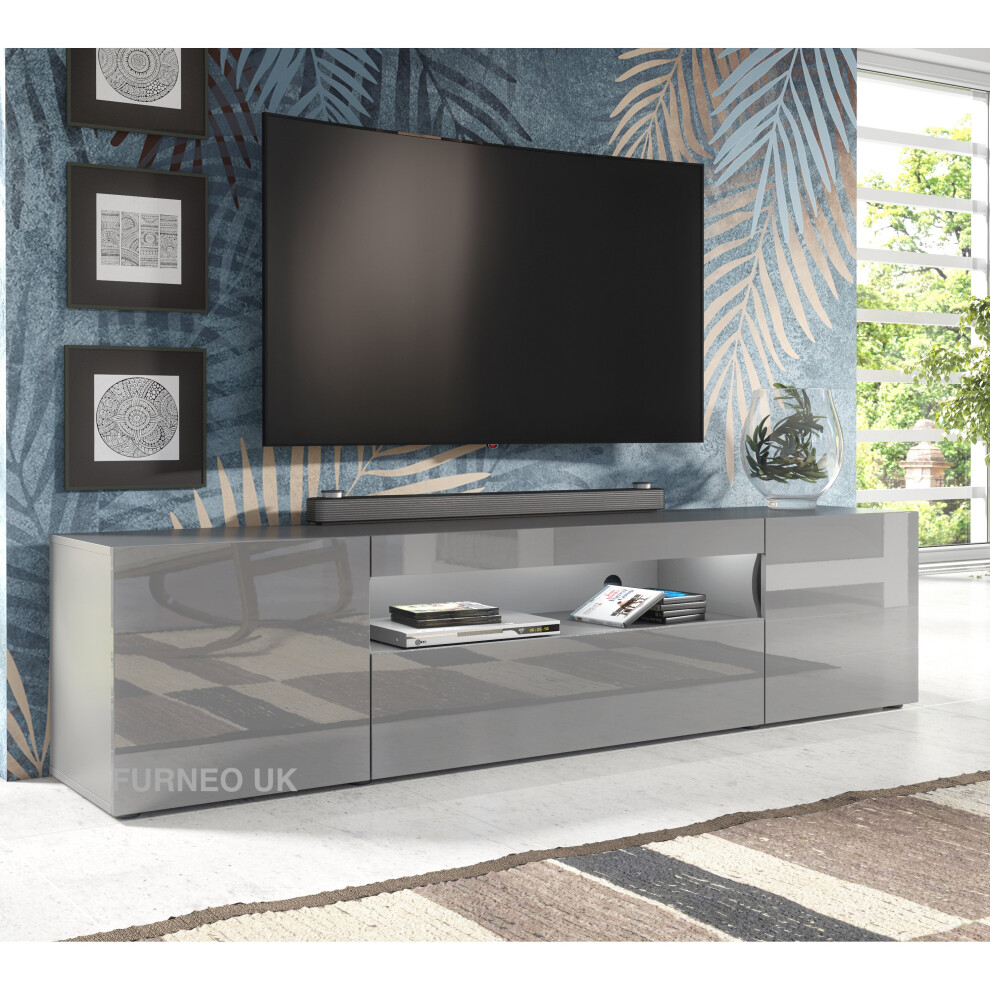 (White LED Lights) Grey 200cm TV Stand Long Unit Cabinet Matt & Gloss Clifton08G LED Lights