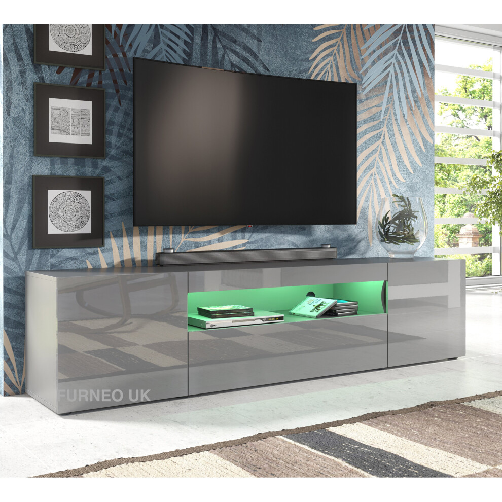 (RGB (multicoloured) LED Lights) Grey 200cm TV Stand Long Unit Cabinet Matt & Gloss Clifton08G LED Lights