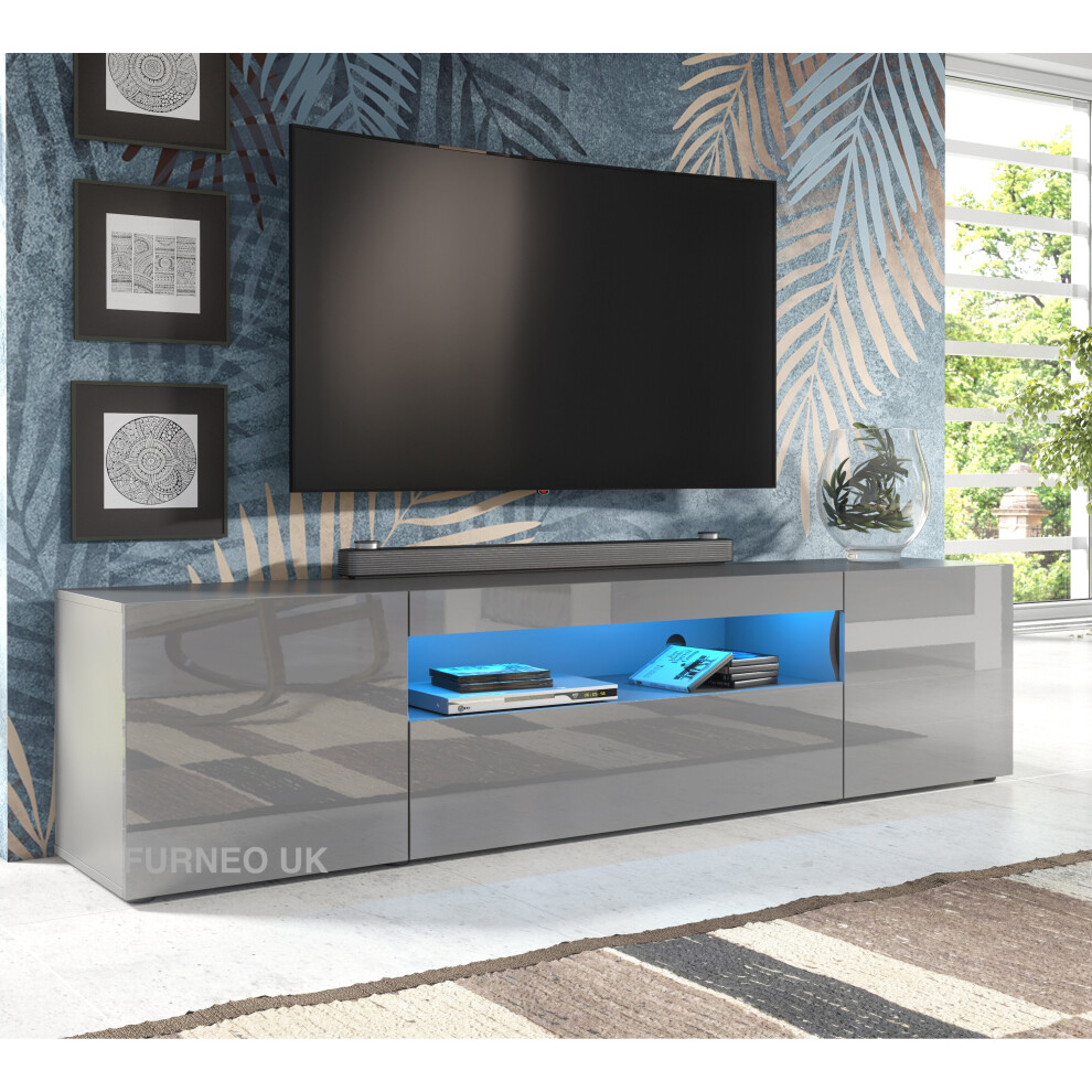 (Blue LED Lights) Grey 200cm TV Stand Long Unit Cabinet Matt & Gloss Clifton08G LED Lights