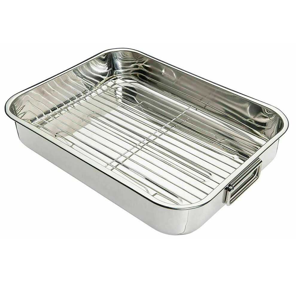 (MEDIUM) Professional Stainless Steel Roasting Trays with Removable Rack Pan Kitchen Cooking Baking Sturdy Handles