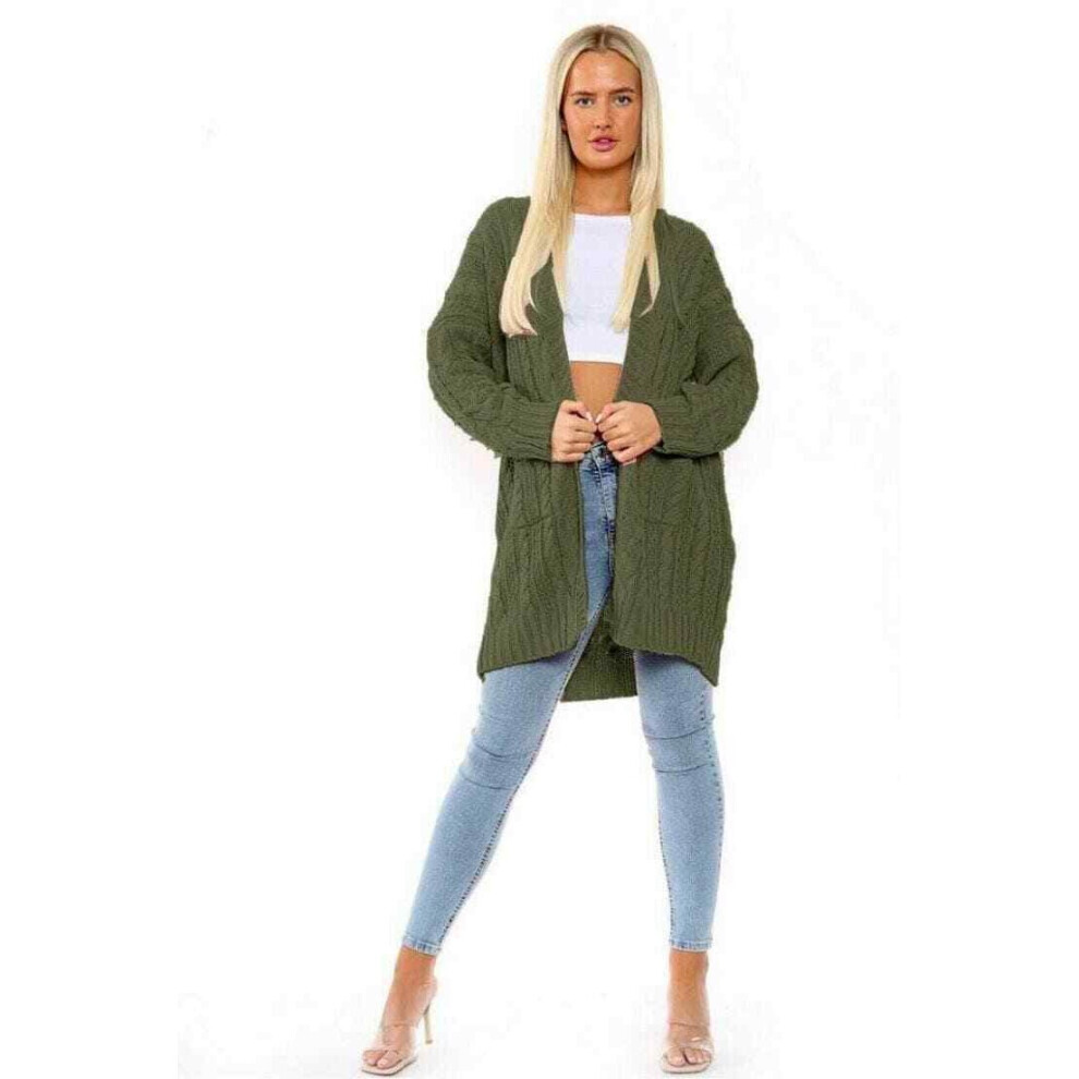 (Khaki, SM UK 8-10) Ladies Cable Knitted Long sleeves All Over 2 Pockets Open Style Slouchy Cardigan Size UK 8-14