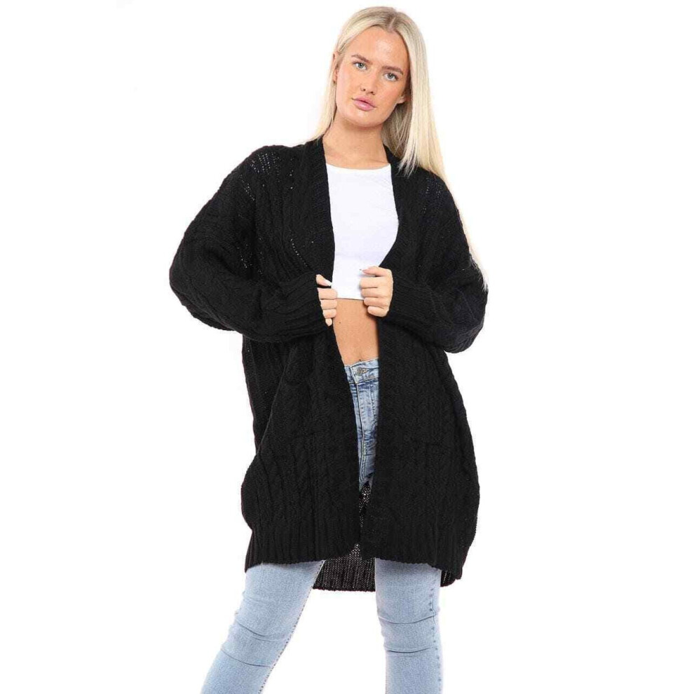 (Black, SM UK 8-10) Ladies Cable Knitted Long sleeves All Over 2 Pockets Open Style Slouchy Cardigan Size UK 8-14