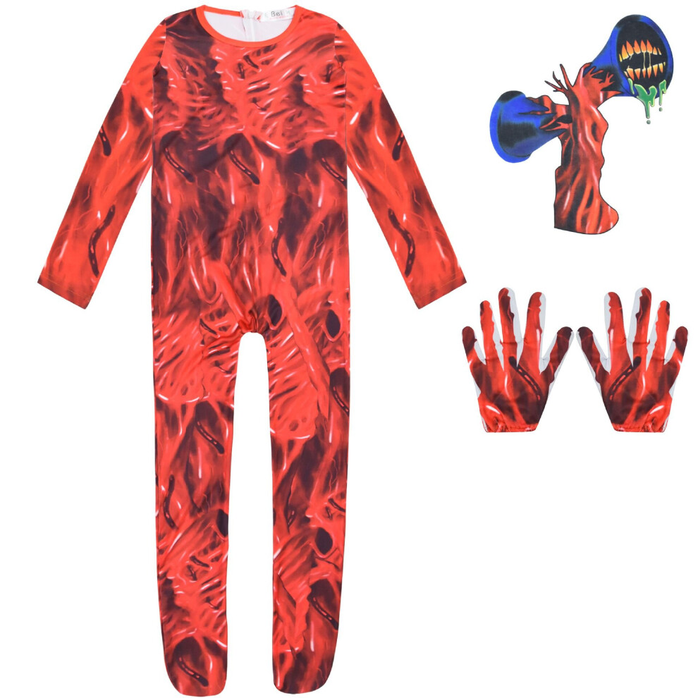 (, 140) Siren Halloween Horror Head Outfit Medium Cosplay Costume Jumpsuitmask Gloves Red