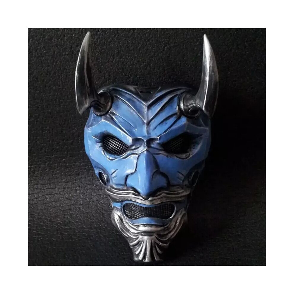 (Blue) Hannya Halloween Demon Warrior Horror Latex Full Face Mask Cosplay Headgear Prop Blue