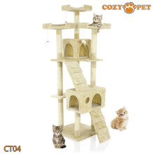 Cozy Pet Deluxe Cat Tree CT04-Beige: 67in Tall Sisal Scratching Post with 2 Huts, 5 Viewing Spots, 4 Toy Mice