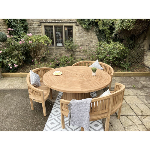 teak round table with 3 benches 2