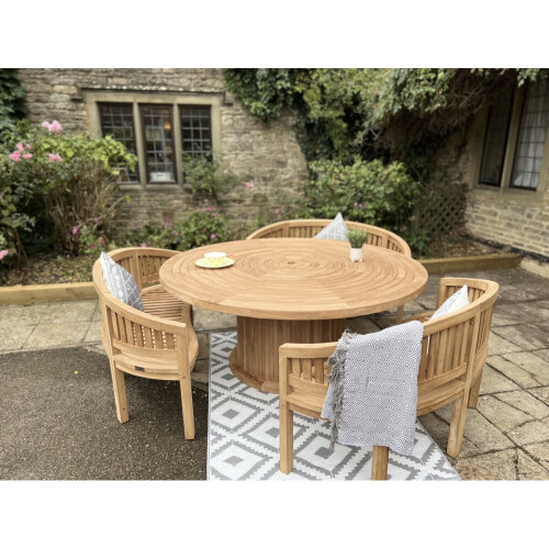 teak round table with 3 benches 1