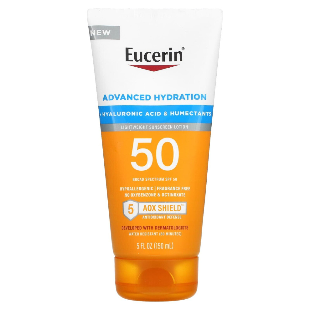 Eucerin, Advanced Hydration, Lightweight Sunscreen Lotion, SPF 50, Fragrance Free, 5 fl oz (150 ml)