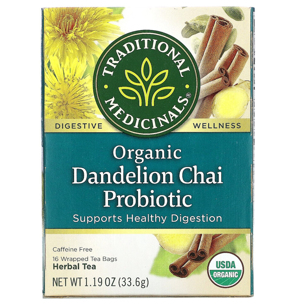 Traditional Medicinals, Organic Dandelion Chai Probiotic, Caffeine Free, 16 Wrapped Tea Bags, 1.19 oz (33.6 g)