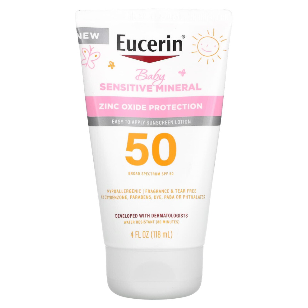 Eucerin, Baby, Sensitive Mineral Sunscreen Lotion, SPF 50, Fragrance Free, 4 fl oz (118 ml)