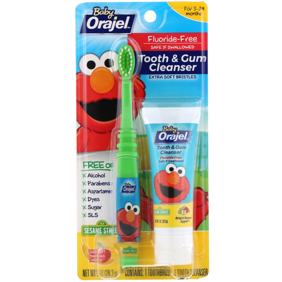 Orajel , Elmo Tooth & Gum Cleanser, Fluoride-Free, 3-24 Months, Bright Banana Apple, 1 Oz (28.3 G)