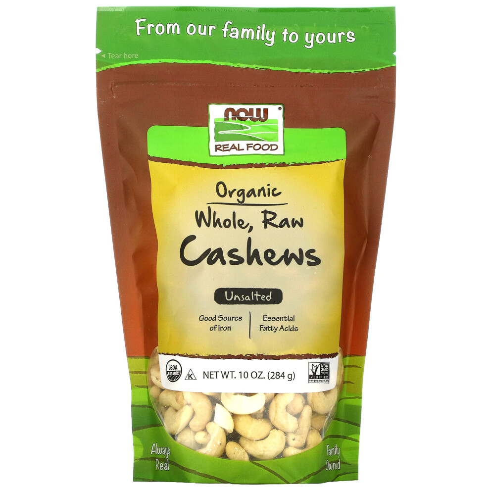 Now Foods , Real Food Organic, Whole, Raw Cashews, Unsalted, 10 Oz (284 G)