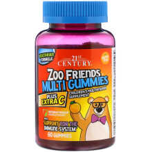 21st Century, Multi Gommes Zoo Friends, Plus Extra C, Fruit au Goût Délicieux, 60 Gommes