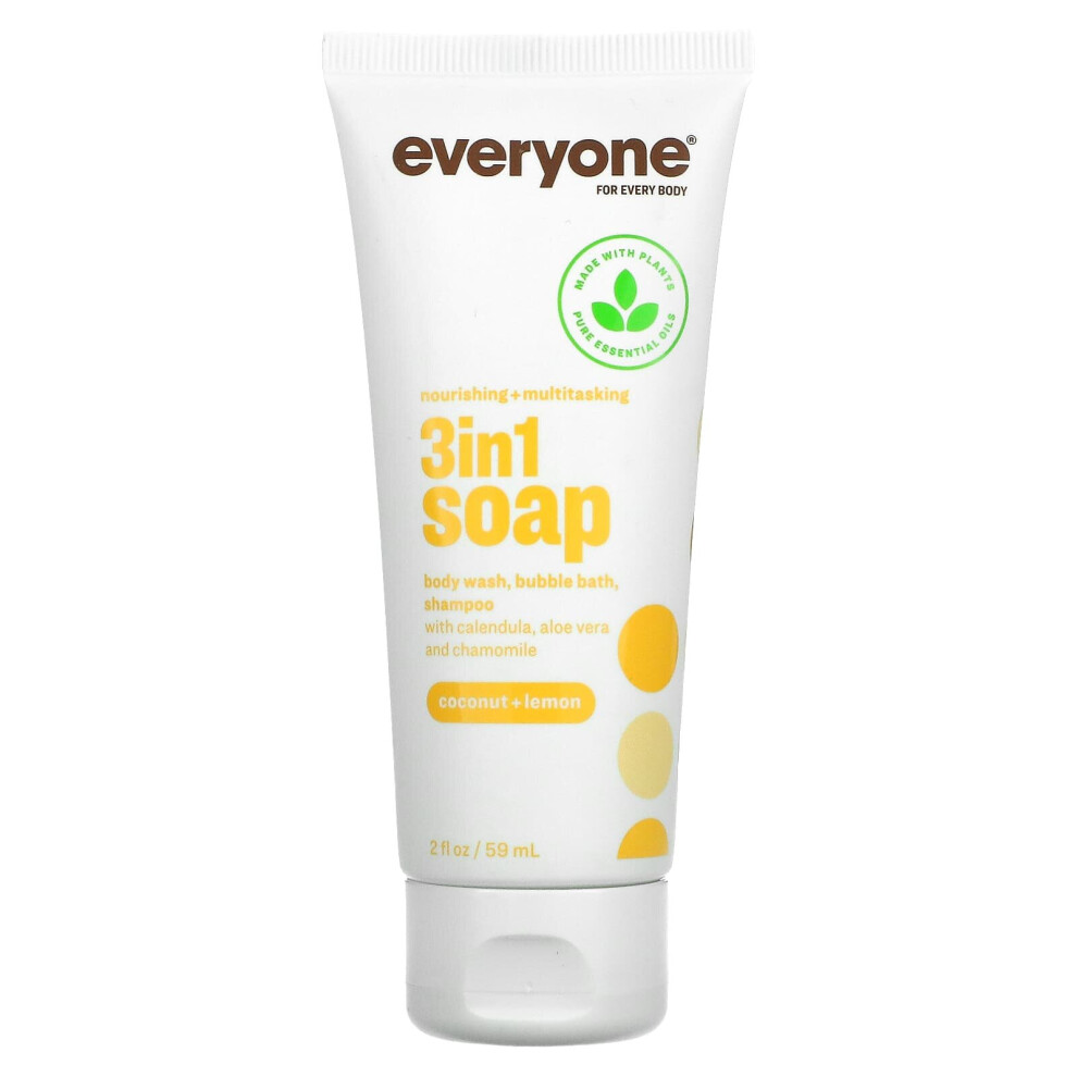Everyone , Nourishing + Multitasking, 3 In 1 Soap, Body Wash, Bubble Bath, Shampoo, Coconut + Lemon, 2 Fl Oz (59 Ml)