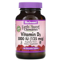 Bluebonnet Nutrition, Vitamin D3, Himbeere, 5.000 IE (125 mcg), 90 Kautabletten