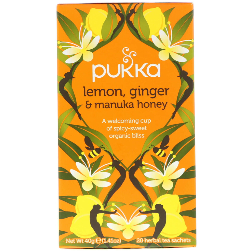 Pukka Herbs, Lemon Ginger & Manuka Honey Tea, Caffeine Free, 20 Herbal Tea Sachets, 1.41 Oz (40 G)