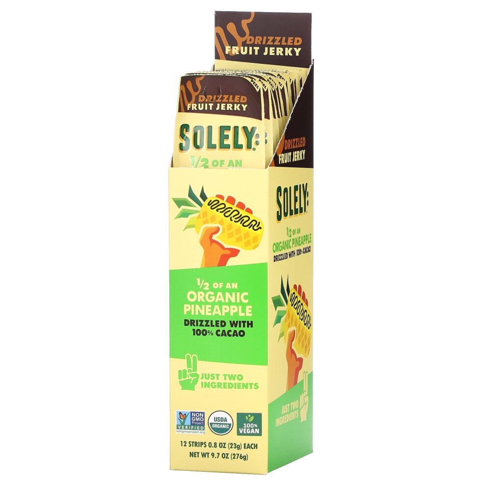 Solely , Organic Fruit Jerky, Pineapple Drizzled With 100% Cacao, 12 Strips, 0.8 Oz (23 G) Each