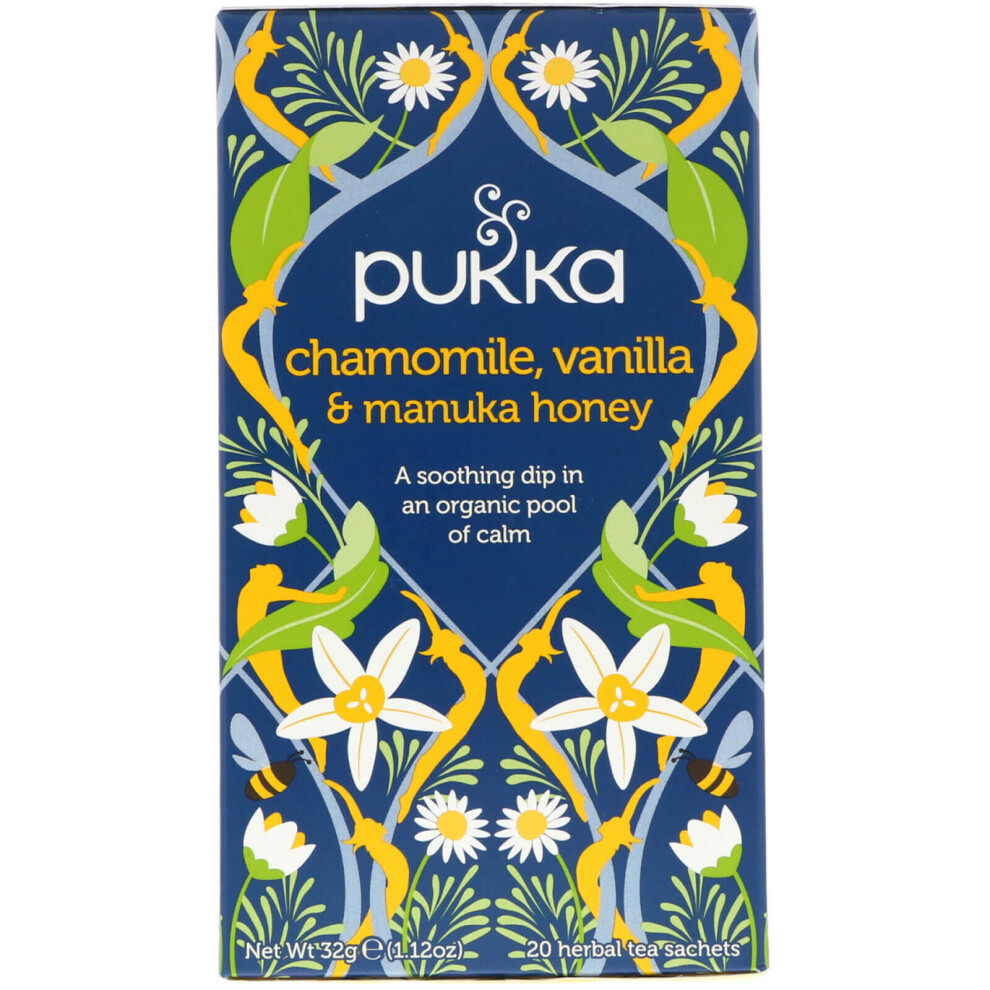 Pukka Herbs, Chamomile, Vanilla & Manuka Honey Tea, Caffeine Free, 20 Herbal Tea Sachets, 1.12 Oz (32 G)