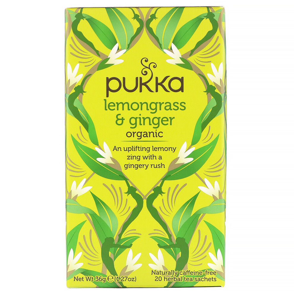 Pukka Herbs, Organic Lemongrass & Ginger, Caffeine-Free, 20 Herbal Tea Sachets, 1.27 Oz (36 G)