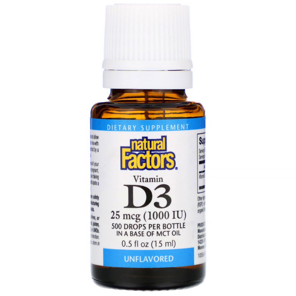 Natural Factors , Vitamin D3 Drops, Unflavored, 25 Mcg (1,000 Iu), 0.5 Fl Oz (15 Ml)